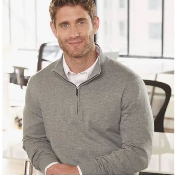 Van Heusen L Cotton Blend Brown Quarter Zip Knit Mock Neck Sweater - Picture 11 of 12